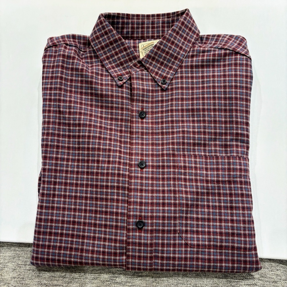 LL Bean Shirt Mens Med Rust Blue White Plaid Flannel Long Sleeve Button Down